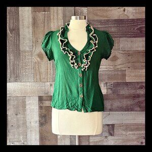 Anthropologie Odille green button up top size 8 vintage Y2K festival boho ruffle
